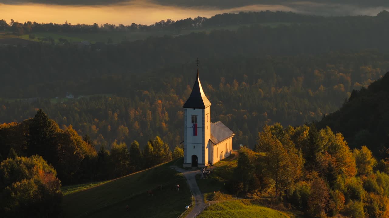 St. Primus Felician Church, Famous Jamnik, Mountainous Valley, Aerial Parallax
