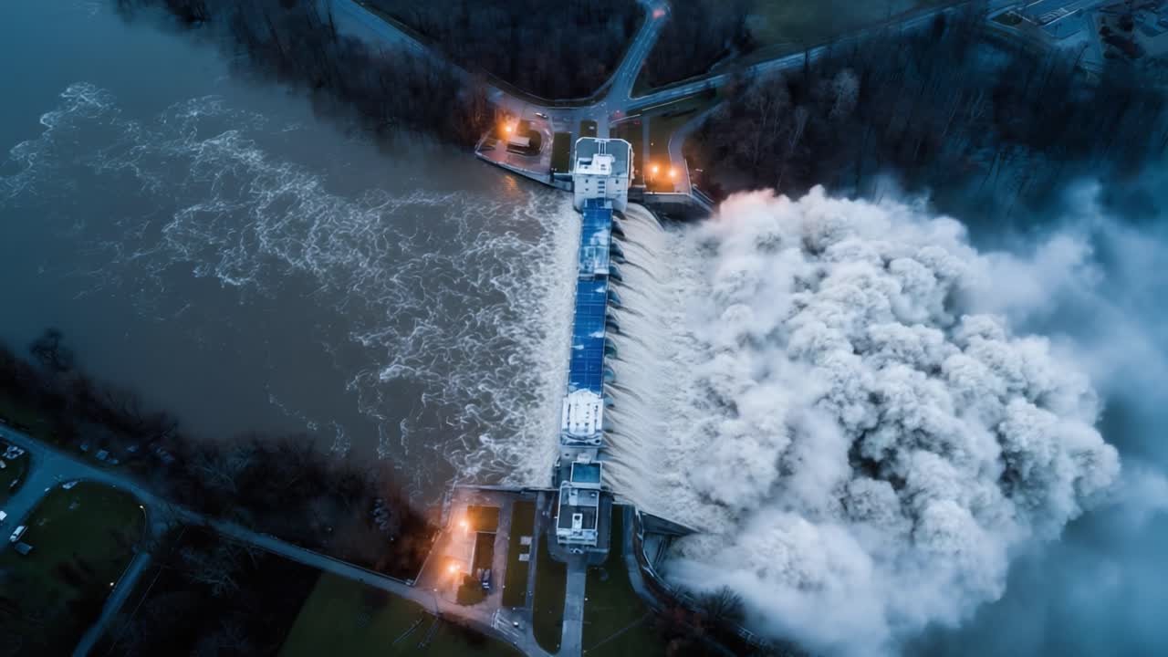 Aerial View of a Hydro Power Plant Releasing Water Flow, Showcasing the Force of Nature with Thundering Waters and Billowing Clouds in Motion