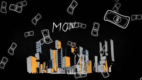 animation of banknotes falling and money text over cityscape