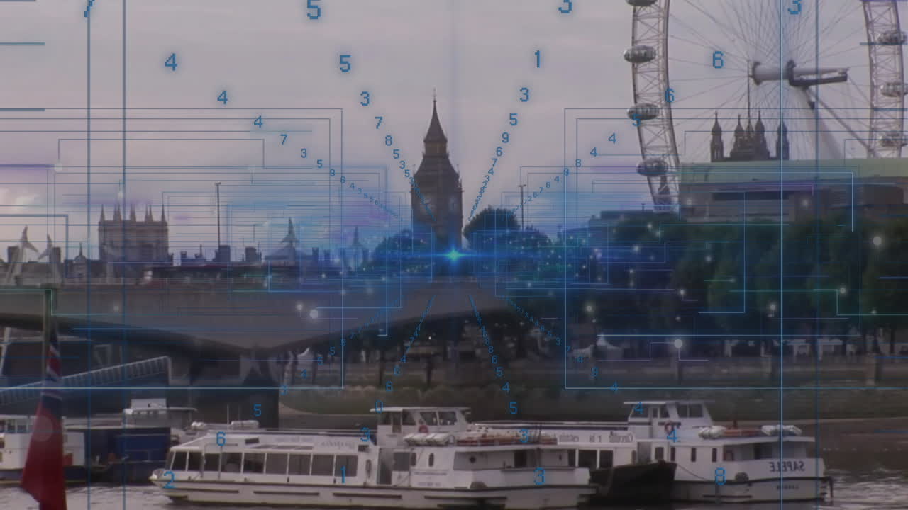 Big Ben and London Eye with digital data processing animation overlay
