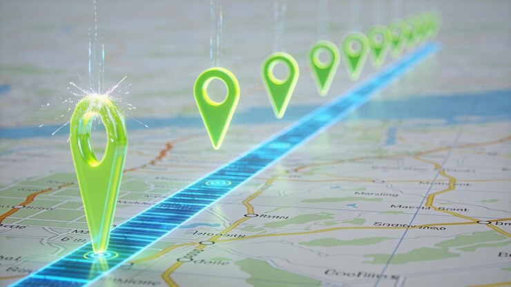 Appearing neon-green pins growing and descending on paper map, anchoring along glowing blue route
