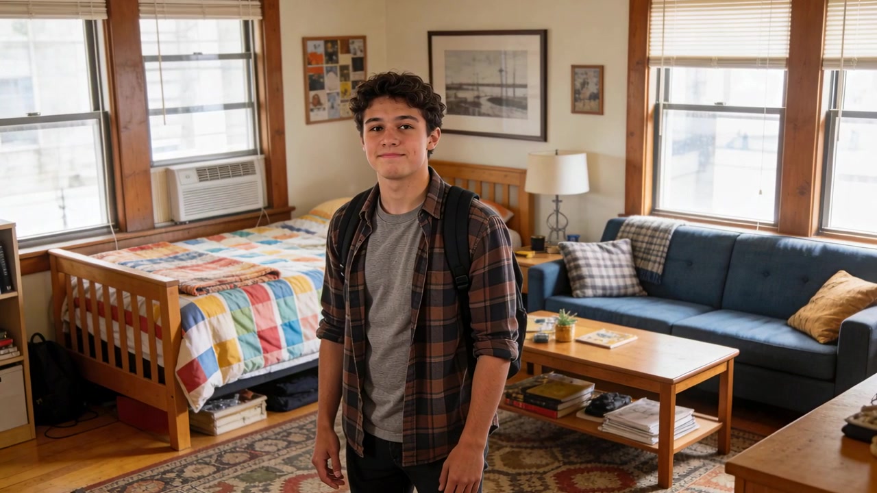 Adolescente sorridente com camisa xadrez e mochila, rindo e depois se acalmando após uma ligação fora da câmera no quarto, com uma colcha.