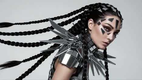 a futuristic fashion statement: stunning model with reflective accessories and intricate braids showcasing modern aesthetics and innovative design elements