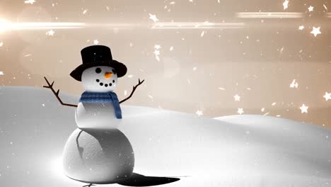 animation of stars falling over snowman in winter landscape