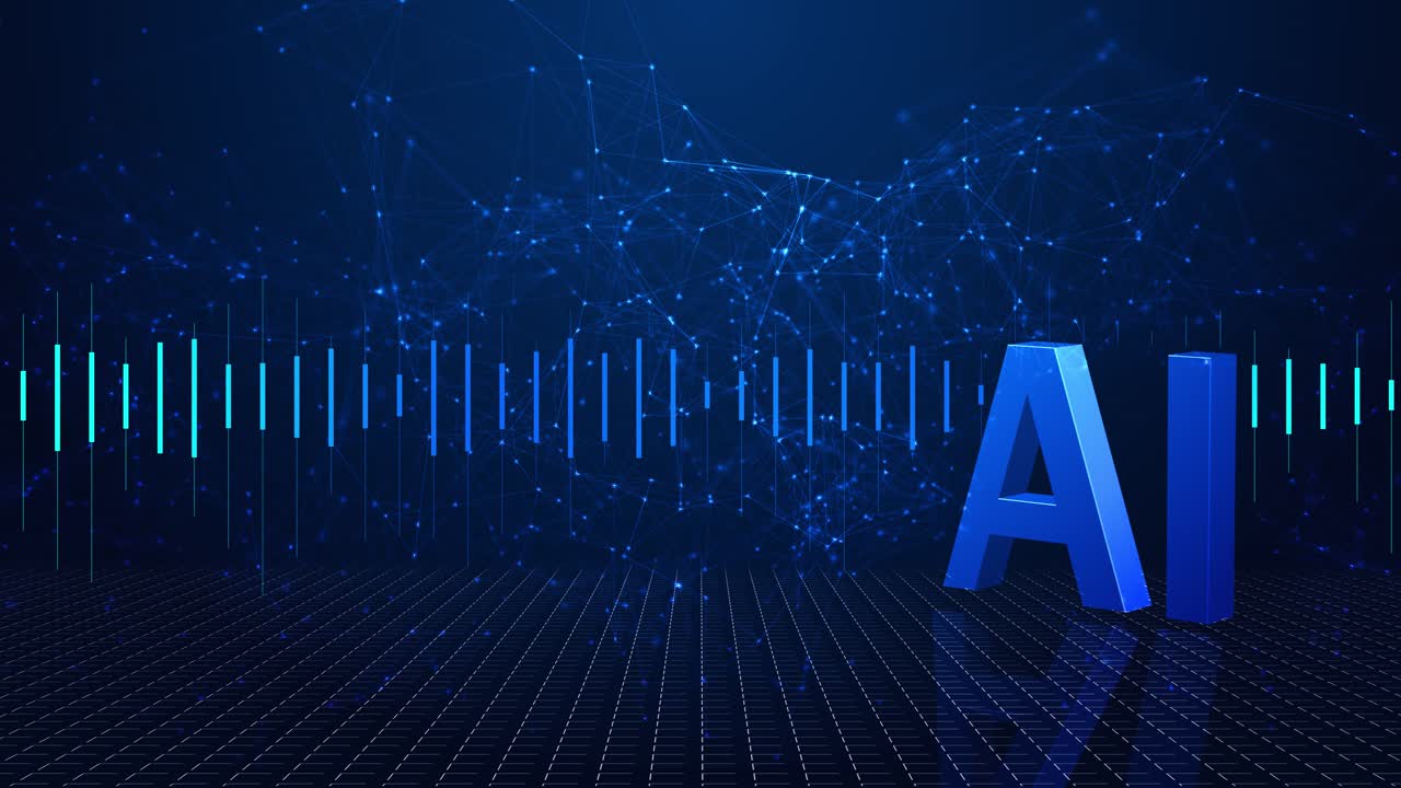 Ai letters animated audio wave bars flowing across digital grid filled with bright plexus lines for