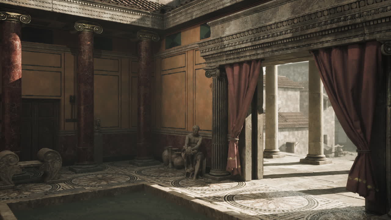 Ancient roman bathhouse interior with intricate architecture and columns