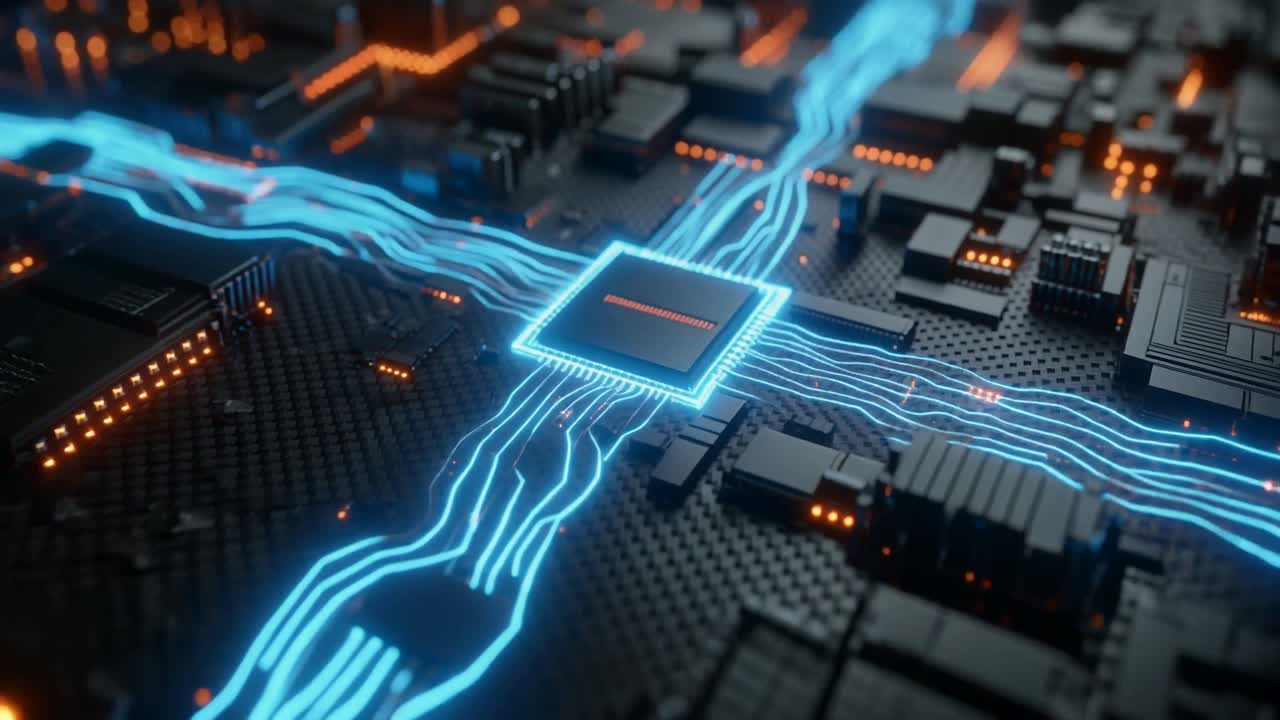 Animeret mikrochip med glødende dataflow på et printkort.