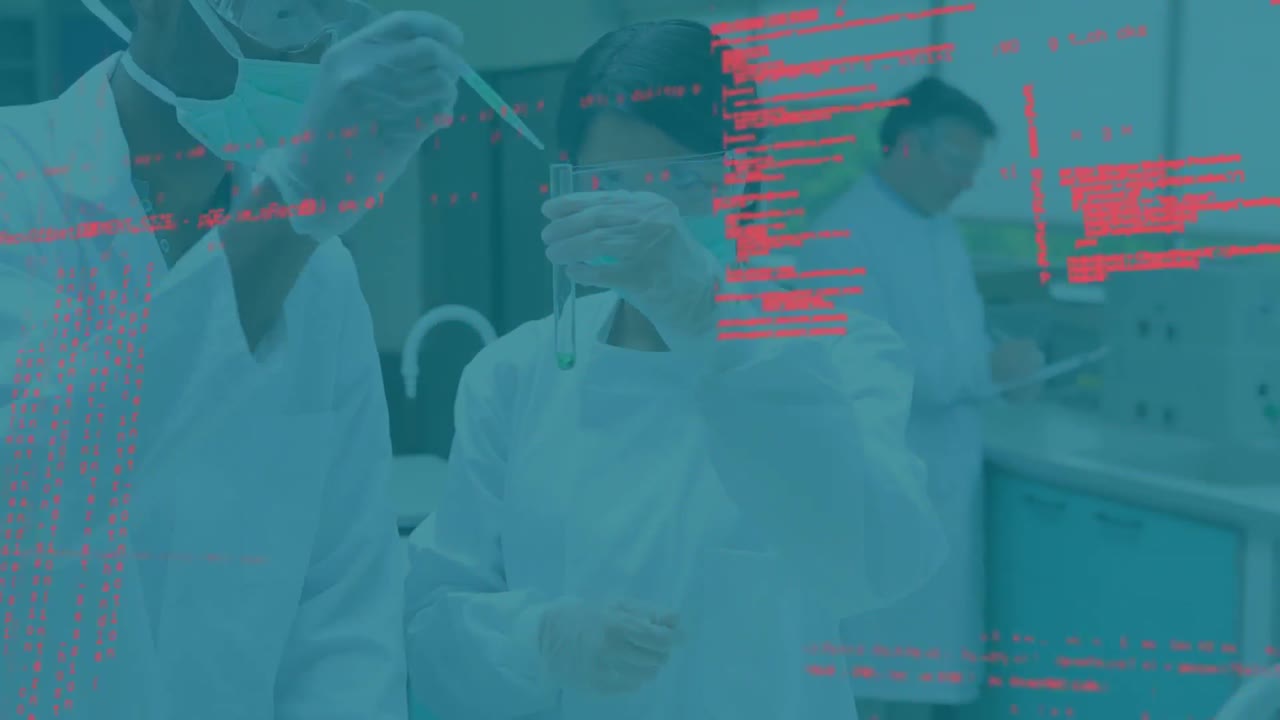 다양한 과학자들이 시험관에서 액체를  ⁇ 는 컴퓨터 언어의 애니메이션