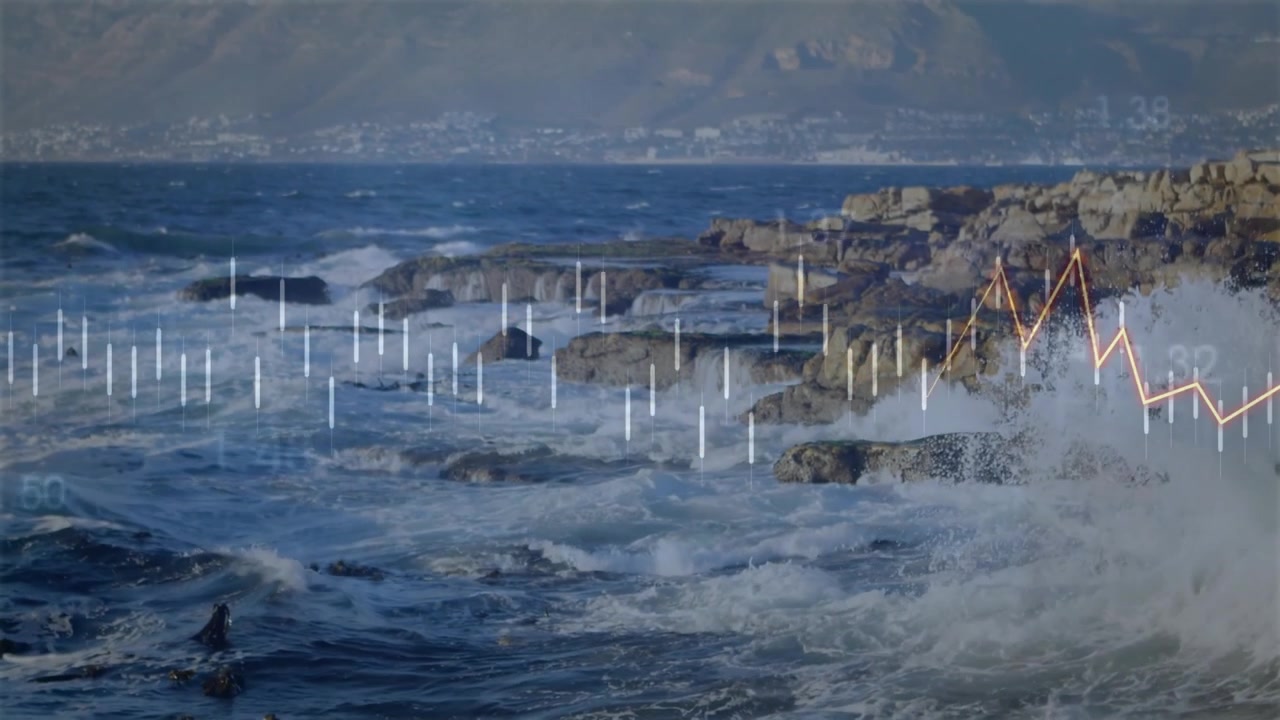 押し寄せる海の波が波形の脈動を活性化させ、高さが増すにつれて数字がピークをマークする。