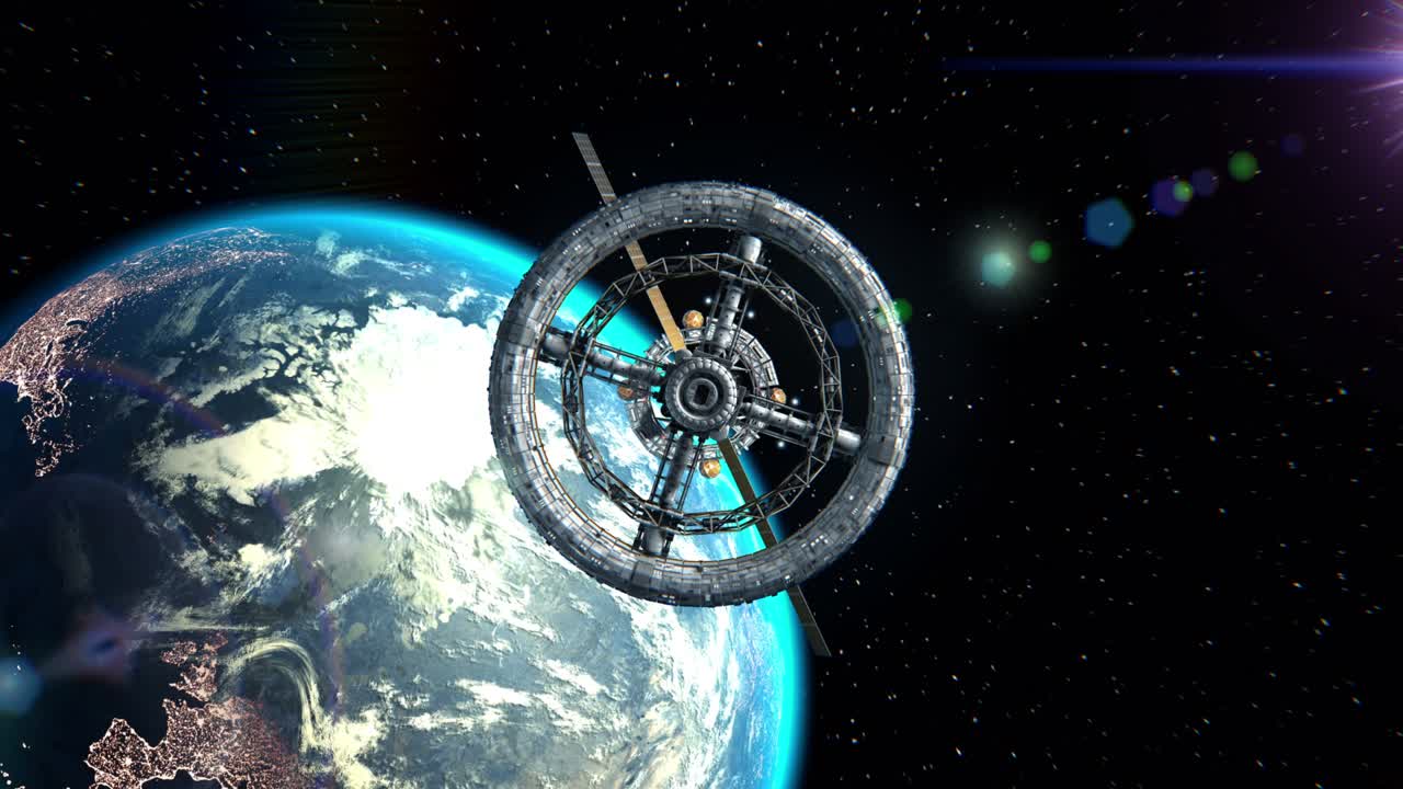 Earth on the background. Flight through the gates of the sci-fi space station, green screen, 3d animation. Texture of Earth was created in graphic editor. The pattern of city lights furnished by NASA.