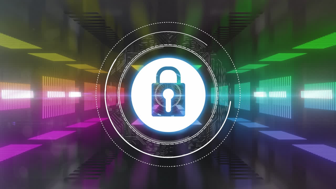 animación del candado de seguridad en línea con luces de neón brillantes en el fondo