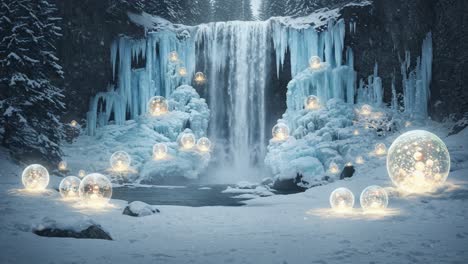enchanted frozen waterfall surrounded by glimmering orbs in a winter wonderland, capturing the magic of nature's icy beauty and ethereal light reflections
