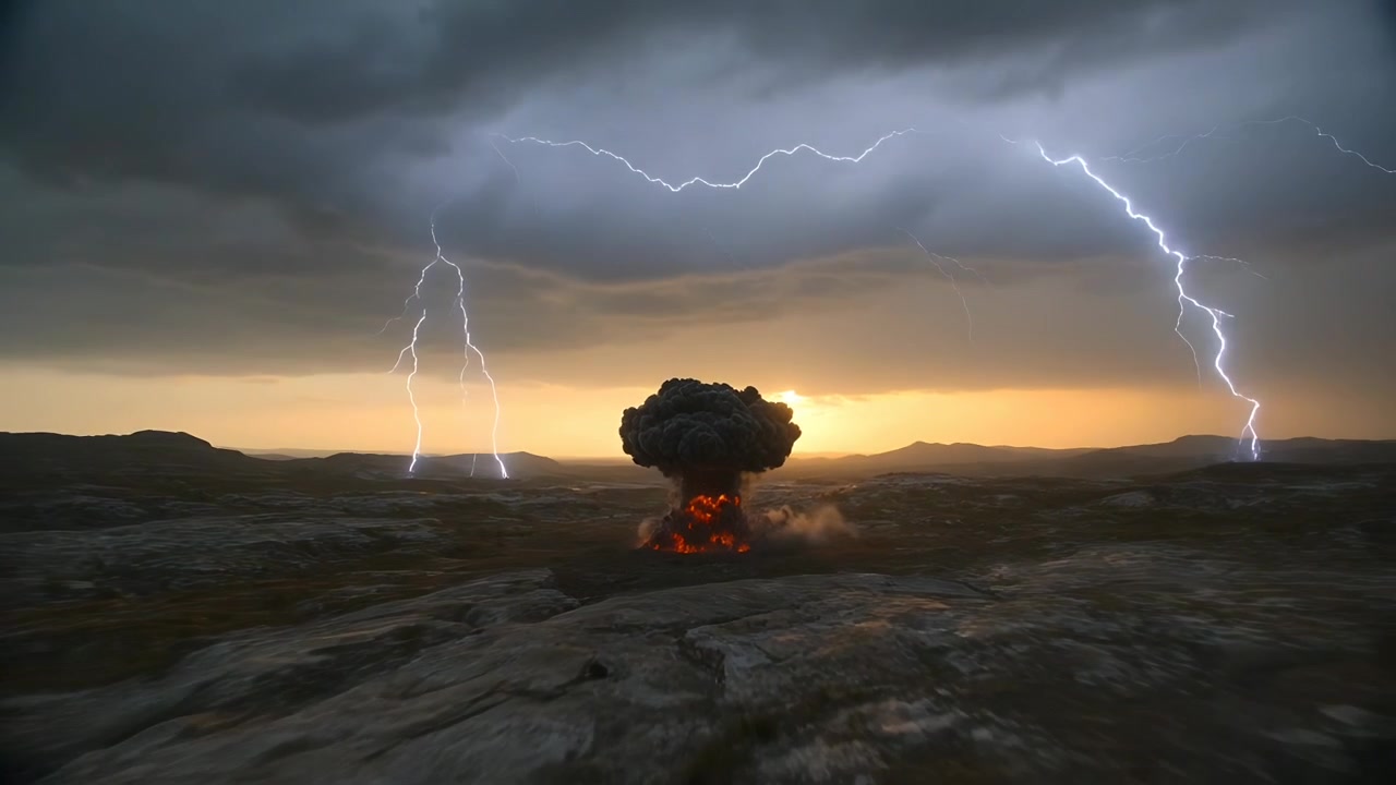 Tierra detonando, produciendo una nube en forma de hongo con una base ardiente y relámpagos sobre una llanura rocosa al atardecer.