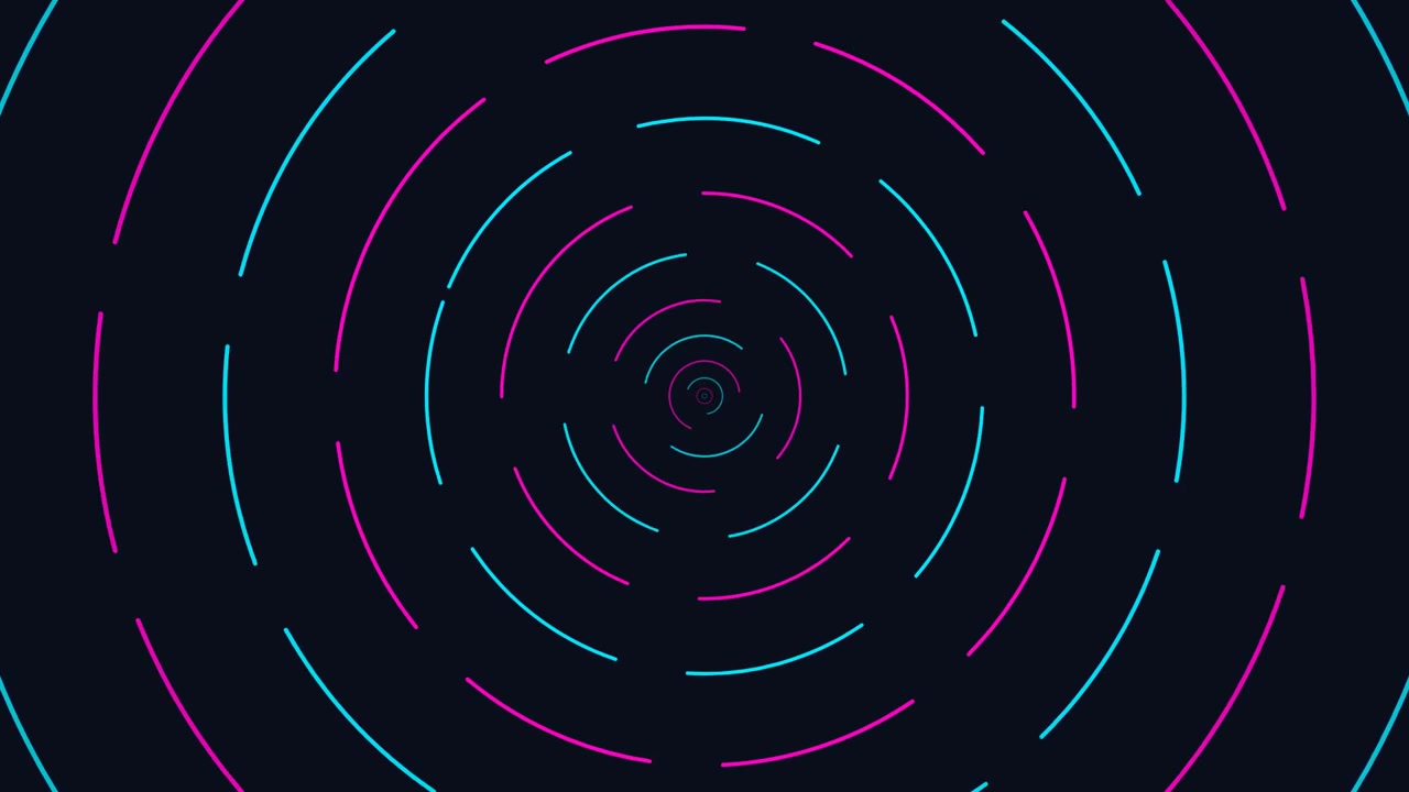 Abstract Animation of Rotating Neon Circles on Dark Background