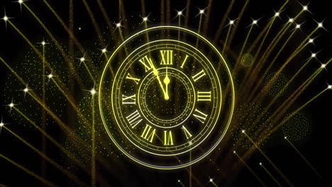 Animation-of-clock-showing-midnight-and-fireworks-exploding-on-black-background