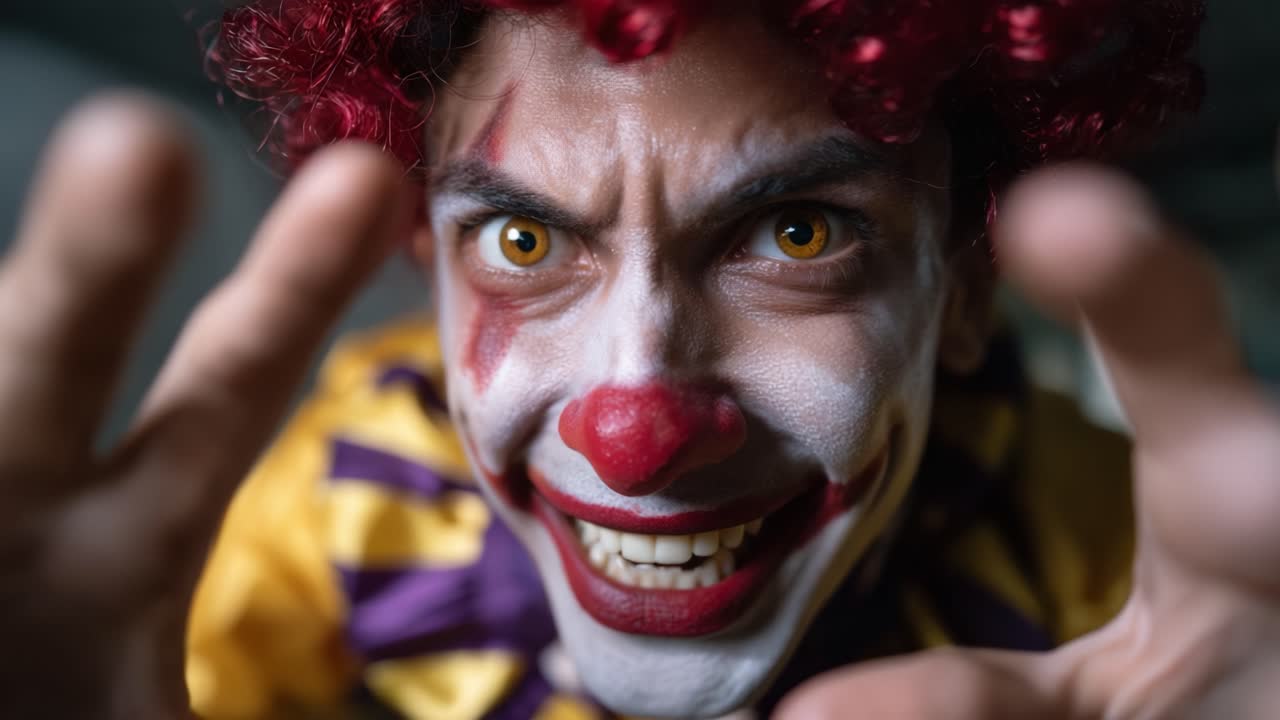 A Disturbing Clown Portraying Intensity and Chaos with Eerie Expression and Outstretched Hands in a Darkened Environment