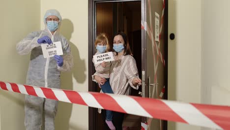 Sick-family-of-mother-and-daughter-opening-door-for-doctor,-coronavirus-quarantine-lockdown-concept