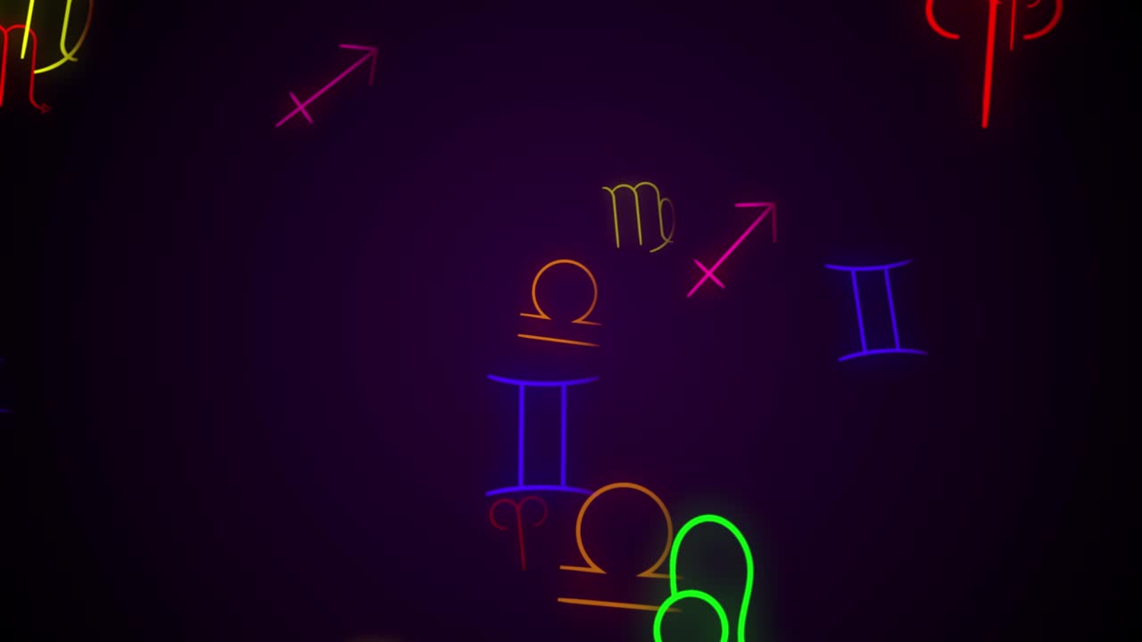 los símbolos de los signos del zodiaco en estilo neón se mezclan con el bucle de fondo para la astrología, el horóscopo, las presentaciones científicas, las webs, etc. también se puede usar en bucles de vj y salvapantallas.