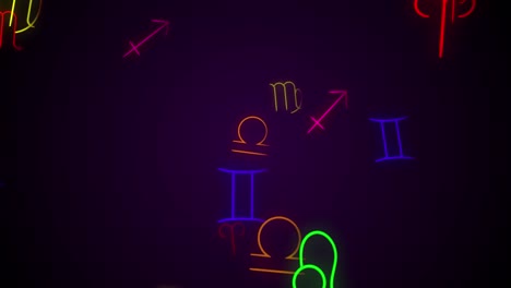 los símbolos de los signos del zodiaco en estilo neón se mezclan con el bucle de fondo para la astrología, el horóscopo, las presentaciones científicas, las webs, etc. también se puede usar en bucles de vj y salvapantallas.