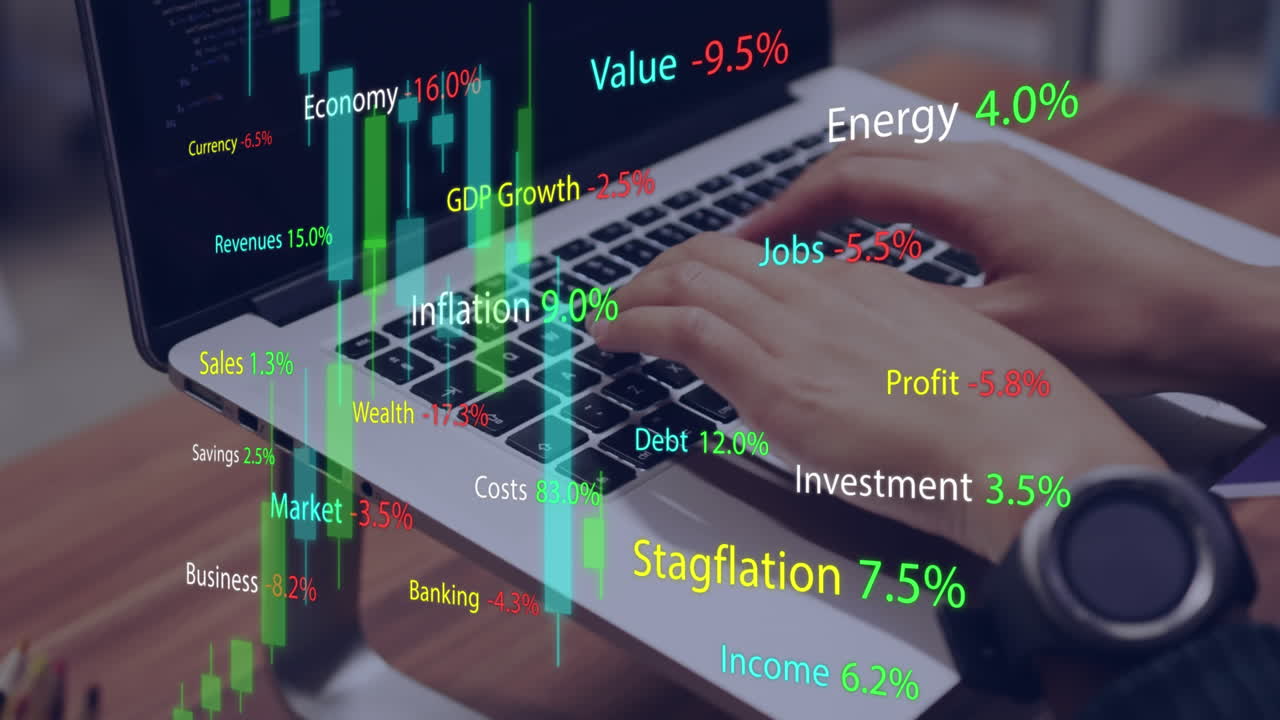 animazione dell'elaborazione dei dati finanziari su una donna caucasica che usa il portatile