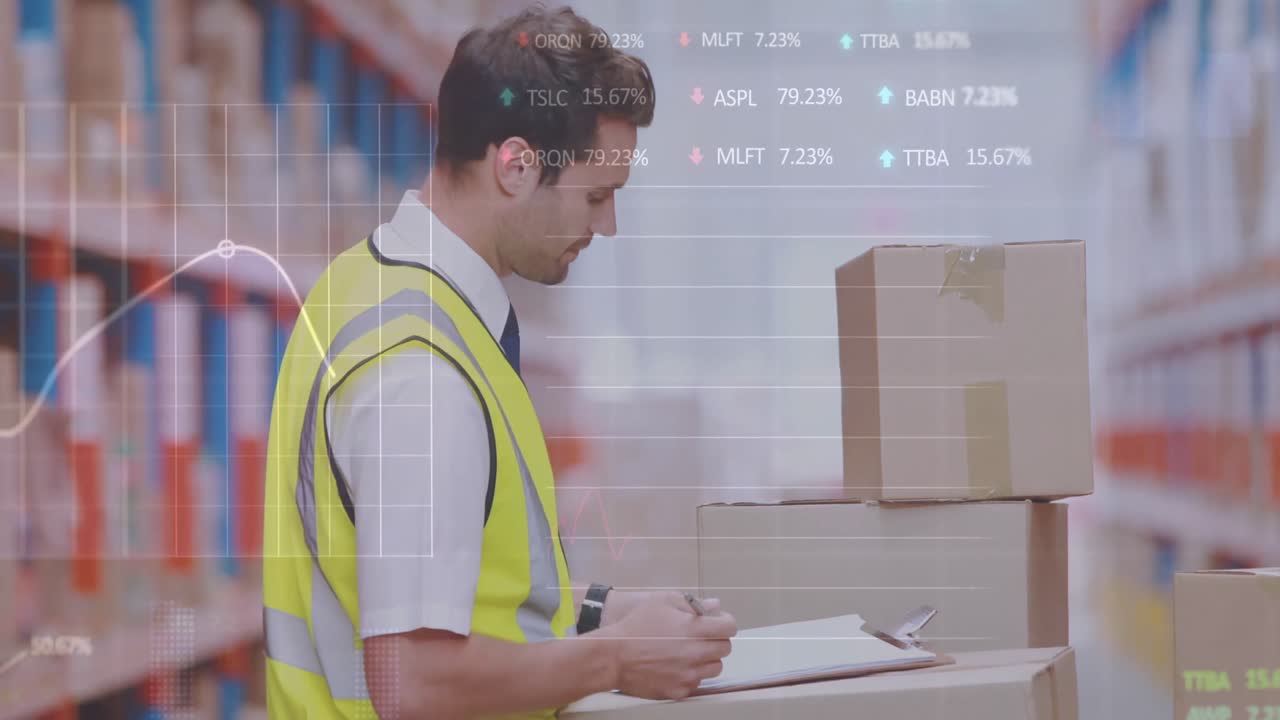 Animation of financial data processing over caucasian warehouse worker
