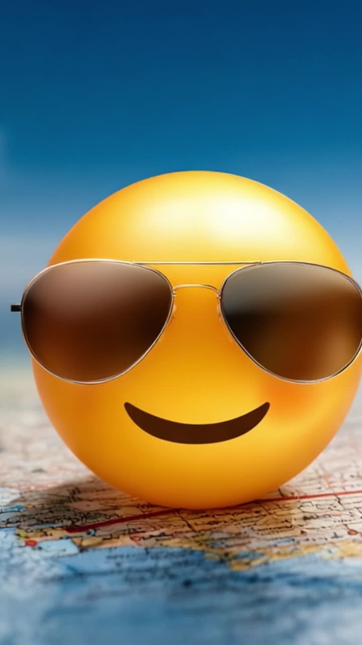 Una faccina sorridente gialla e allegra con occhiali da sole poggia su una mappa colorata, evocando un senso di avventura, vibrazioni estive e gioie di viaggio spensierate
