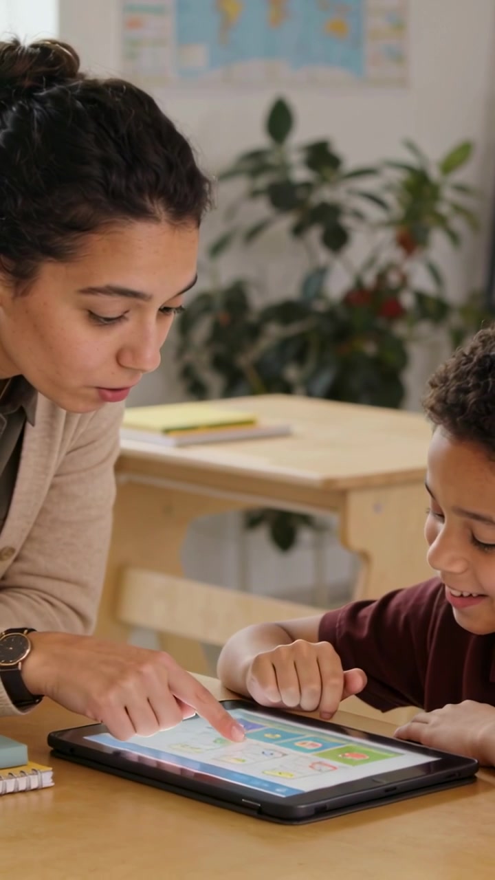 Video verticale: Insegnante in cardigan che indica e guida un bambino che usa un tablet a un tavolo scolastico, con spazio per il testo