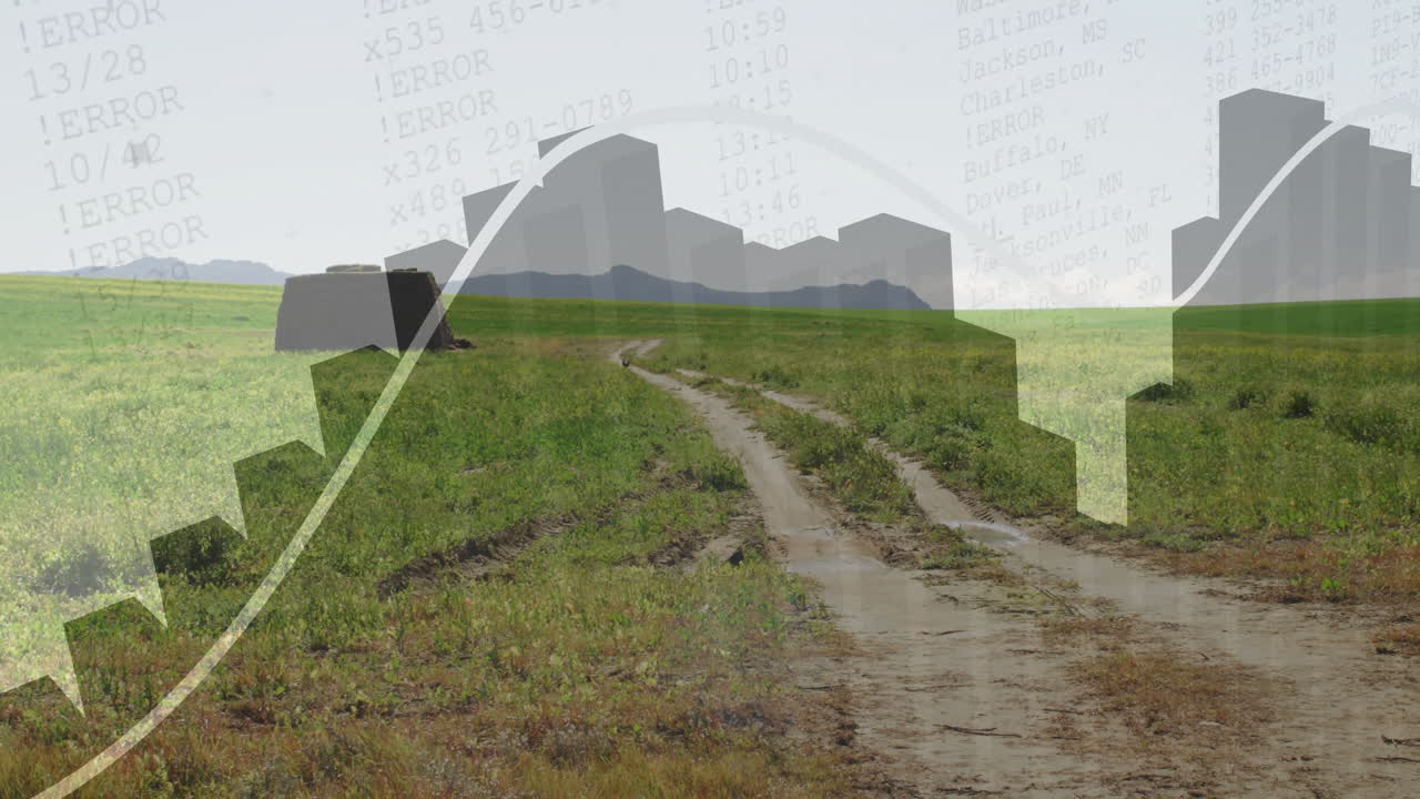 Winding dirt road extending through grassy field while floating technical overlays showing data