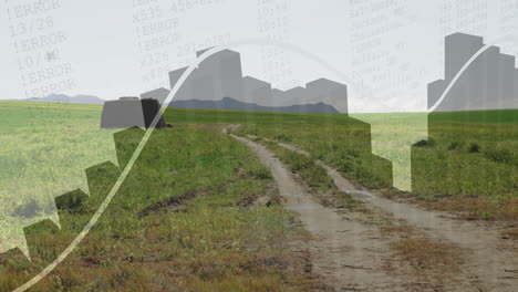 winding dirt road extending through grassy field while floating technical overlays showing data