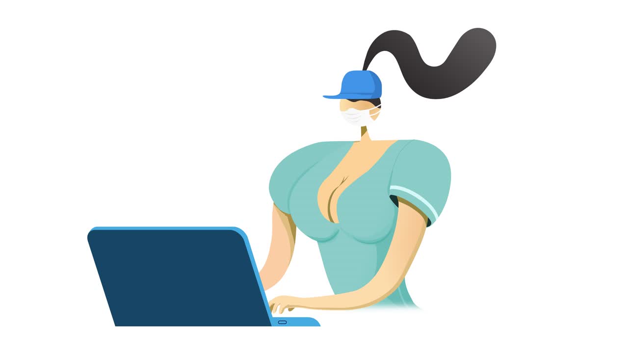 Seamless loop. A quarantined asian worker sits at a computer and types on the keyboard. Staying home with self quarantine.