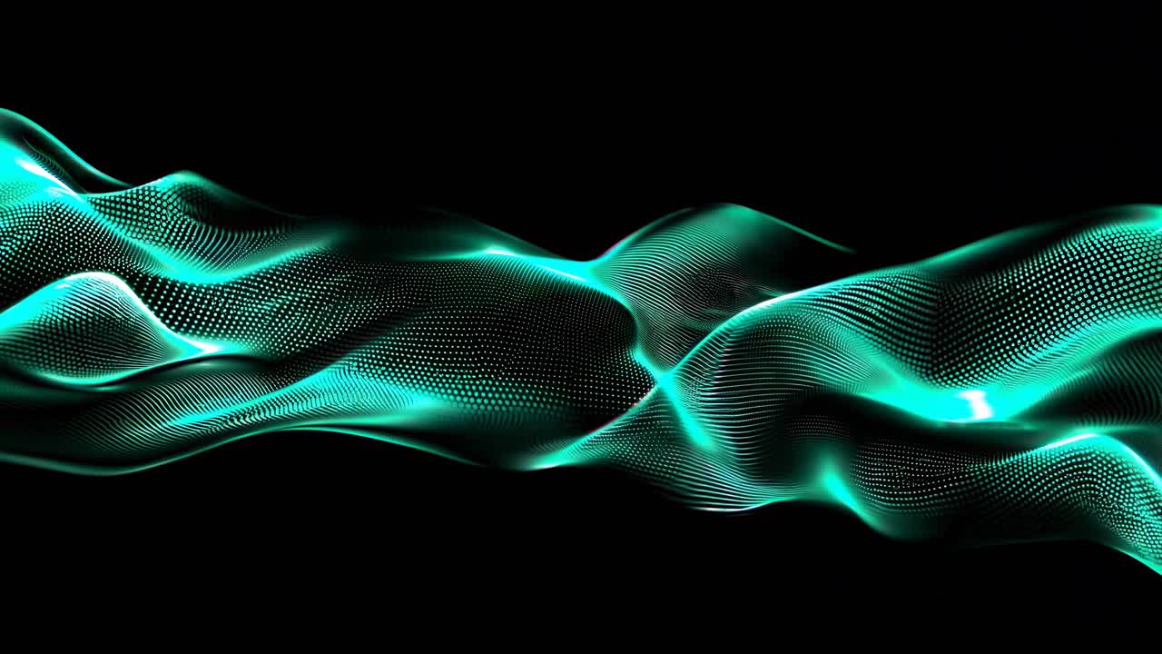 Abstract video art with flowing teal waves on a black background, captured from a side angle