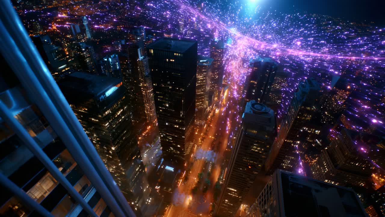 An Aerial View of a Vibrant Urban Landscape at Night, Illuminated by Pulsating Lights and a Celestial Glow, Capturing the Dynamic Essence of a City Transformed by Technological Wonder