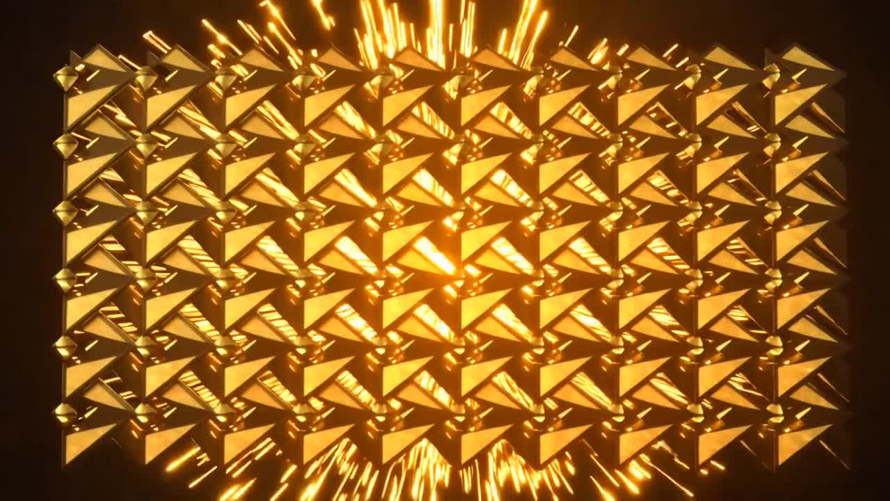 Sich aufhellender zentraler Knotenpunkt in einem pyramidenförmigen Goldkachelraster sendet Funken radial durch die schwarze Leere.