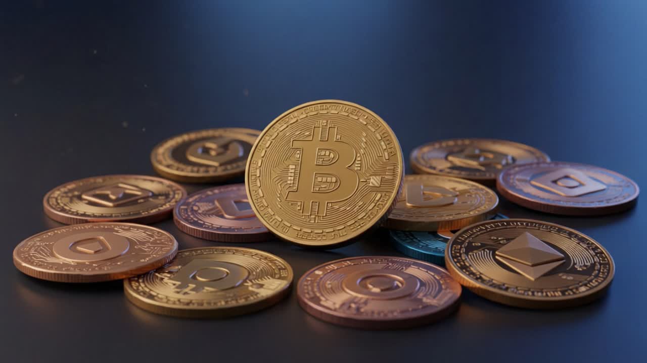 Exploring the World of Cryptocurrency: A Detailed Look at Bitcoin Amidst Various Altcoins on a Dark Surface Background