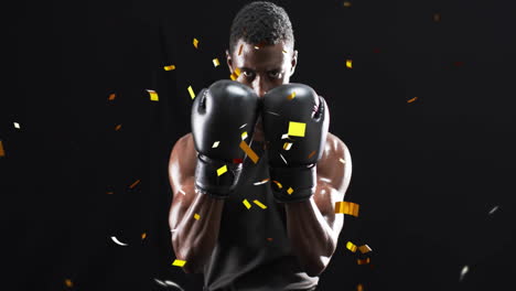 animación de confeti cayendo sobre un boxeador afroamericano en fondo negro