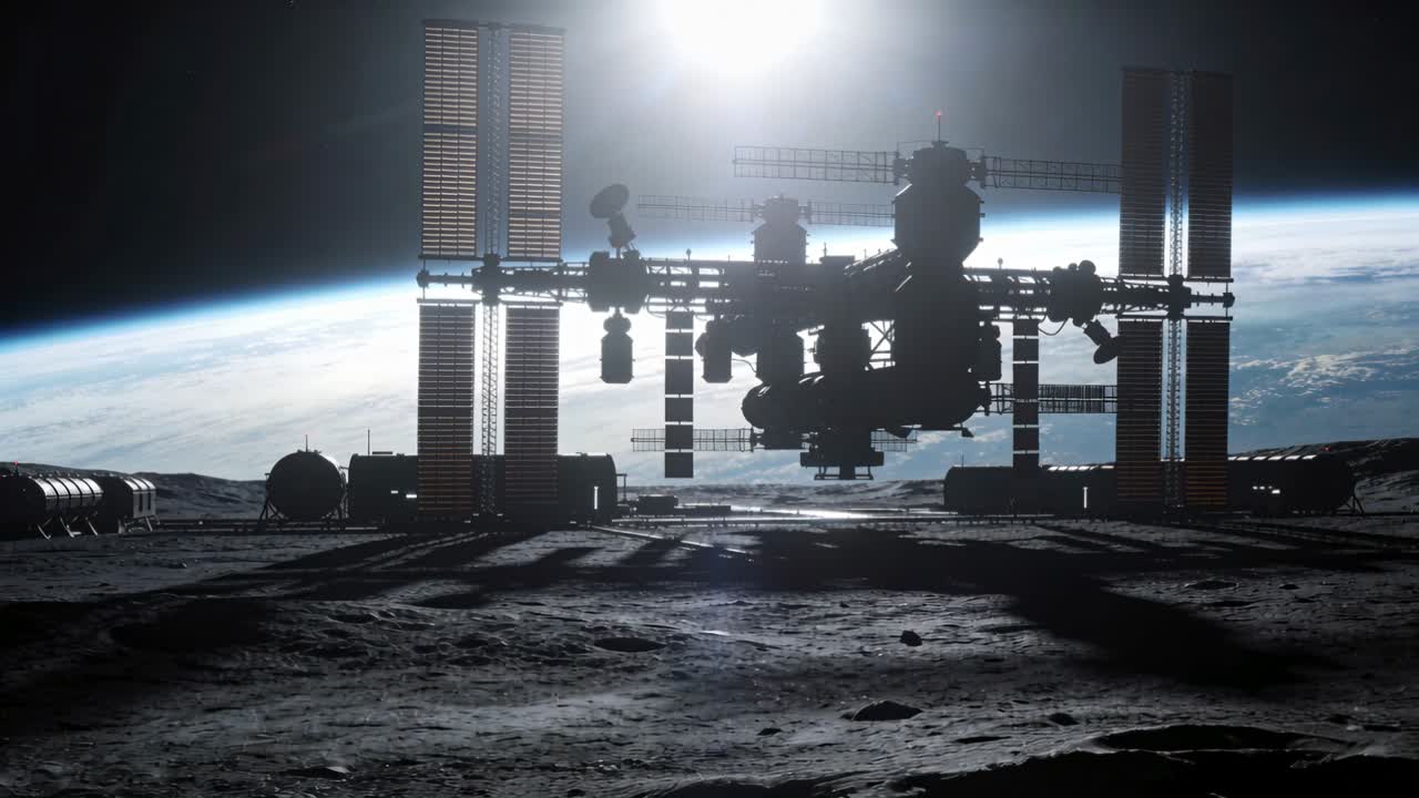 Orbital station hovering above moon plain solar arrays backlit by Sun habitats left horizon Earth