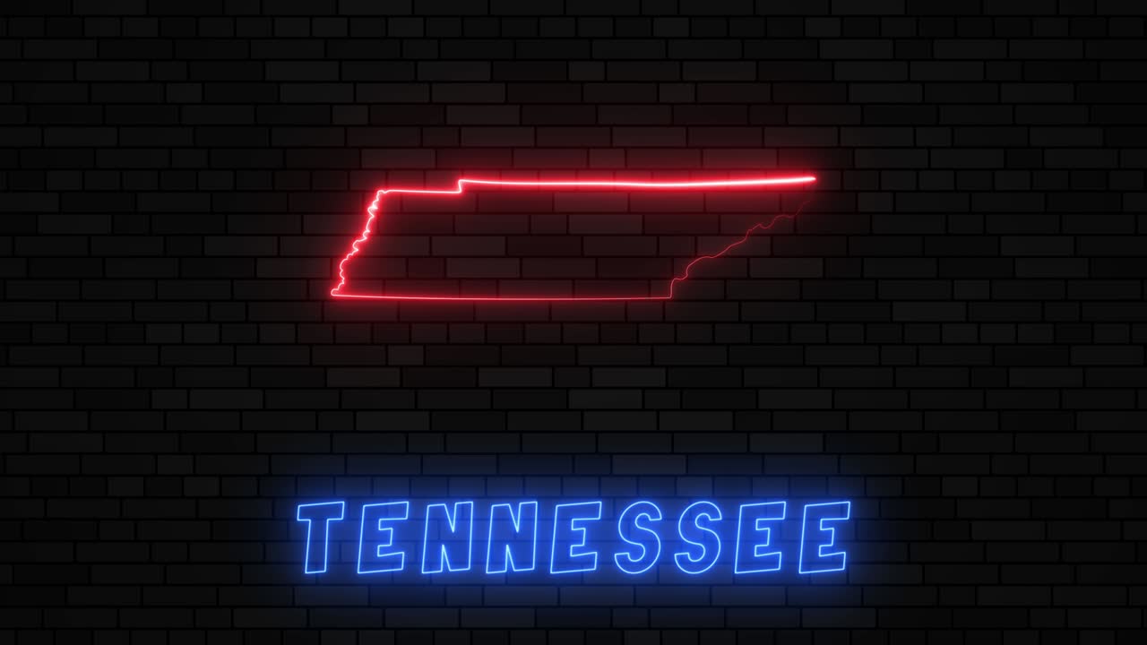 State of Tennessee map silhouette with neon line on a dark brick wall background