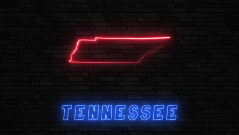 state of tennessee map silhouette with neon line on a dark brick wall background