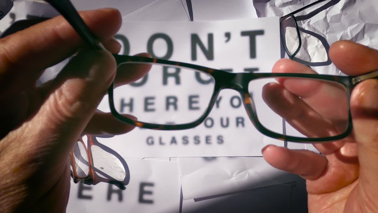 vista borrosa de las manos en busca de gafas de lectura