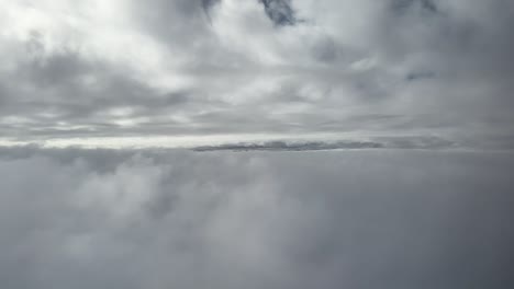 airplane passenger pov flying between two layers of clouds