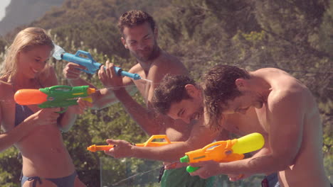 happy friends playing with swimming trunks