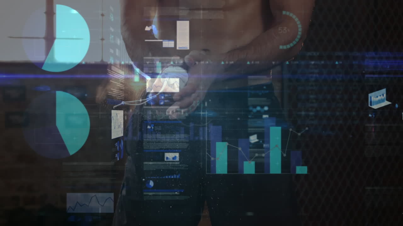 animación del procesamiento de datos y estadísticas sobre el ejercicio de hombres fuertes