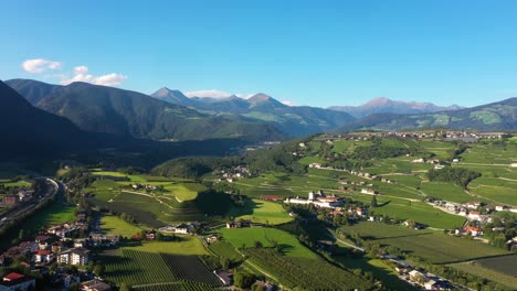 Aerial-view-of-Austrian-Alps-with-village-and-green-grass-fields-fying-forward-during-sunny-summer-day-between-Austria-and-Germany-in-4k