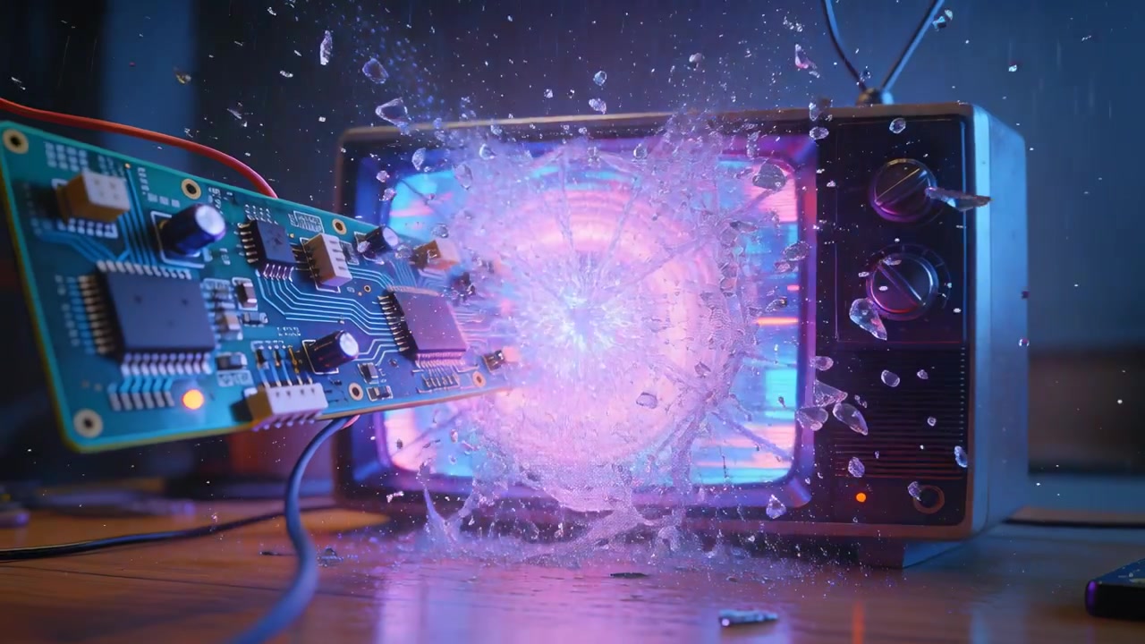 Shattering vintage CRT TV with circuit board cracking on desk as droplet striking center neon rings