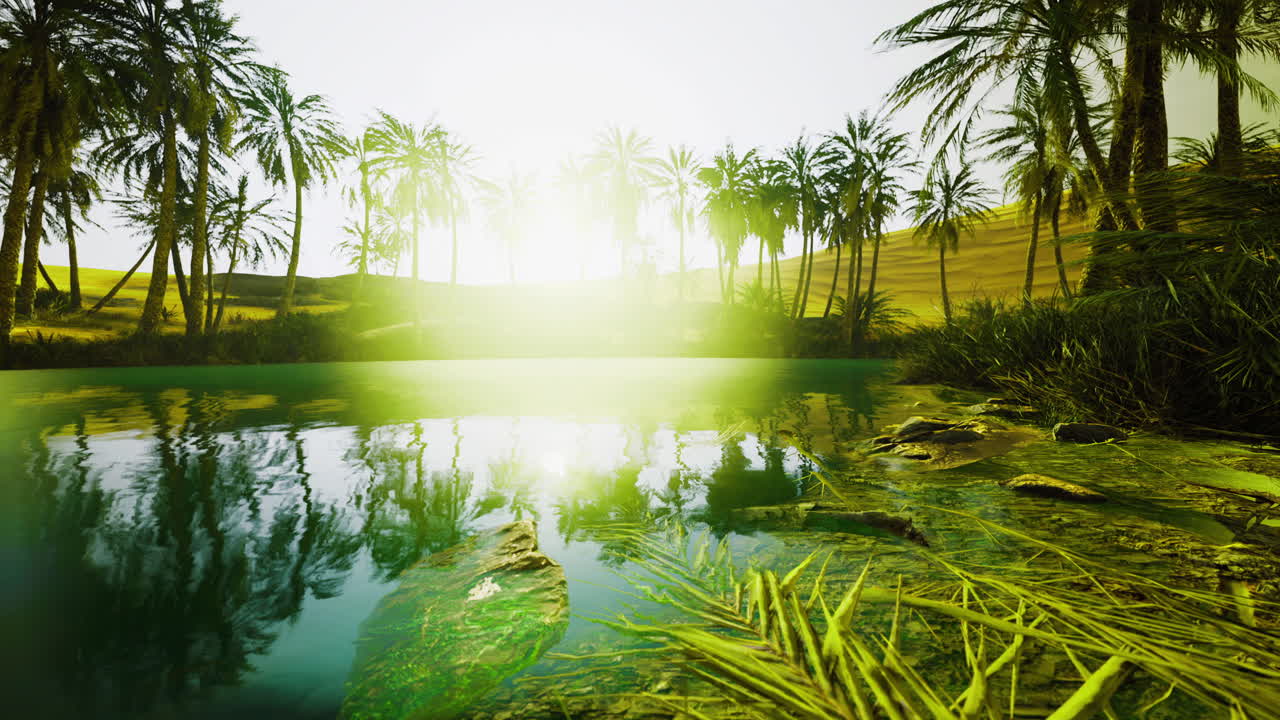 Tranquil oasis at sunrise reflecting lush palms and gentle waters