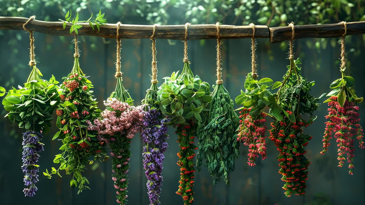 Brightly colored hanging flowers. Brightly colored flowers hang from a wooden structure, showcasing a variety of plants in a vibrant manner