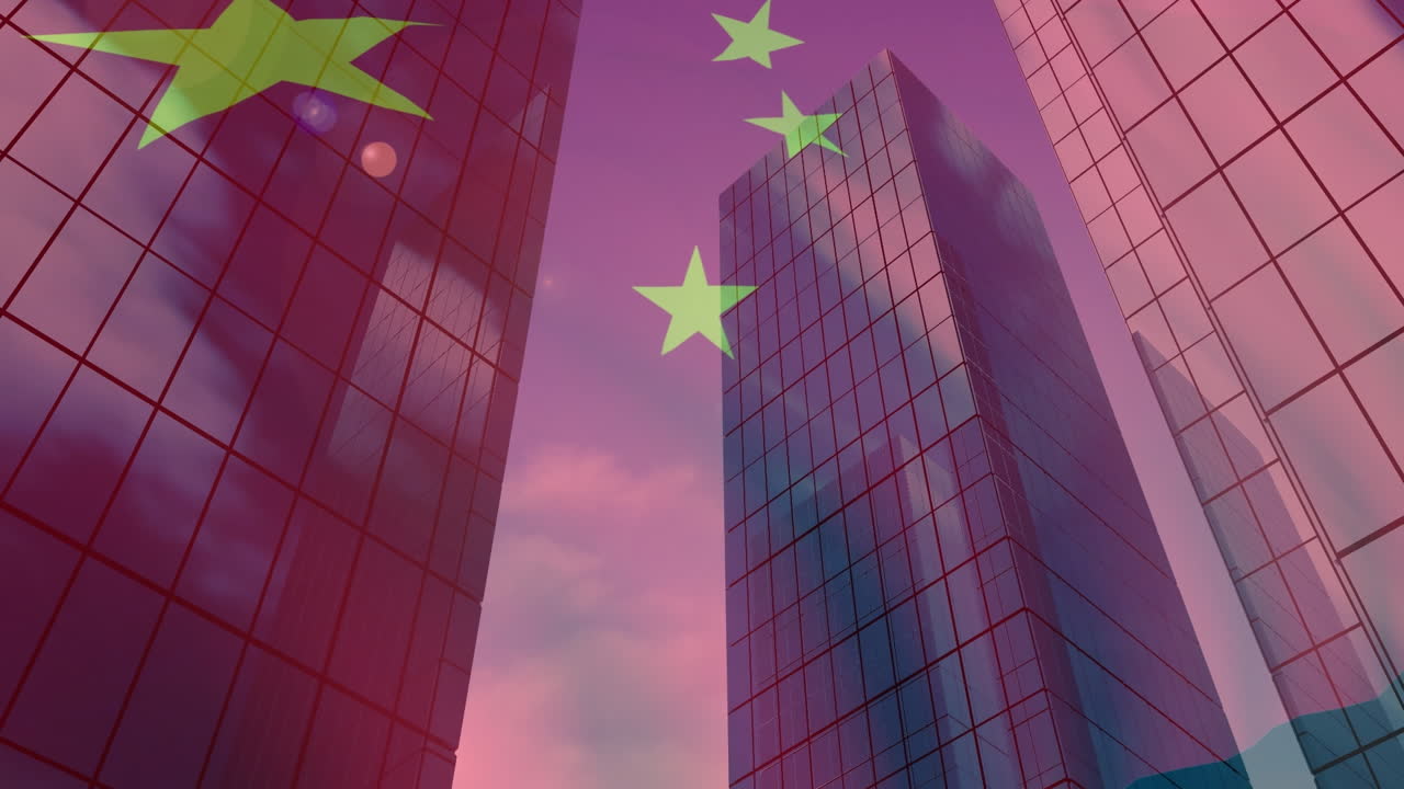Vídeo composto da bandeira da China tremulando contra edifícios altos
