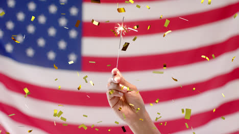 animación de confeti cayendo sobre la mano sosteniendo chispa y bandera de los estados unidos de américa