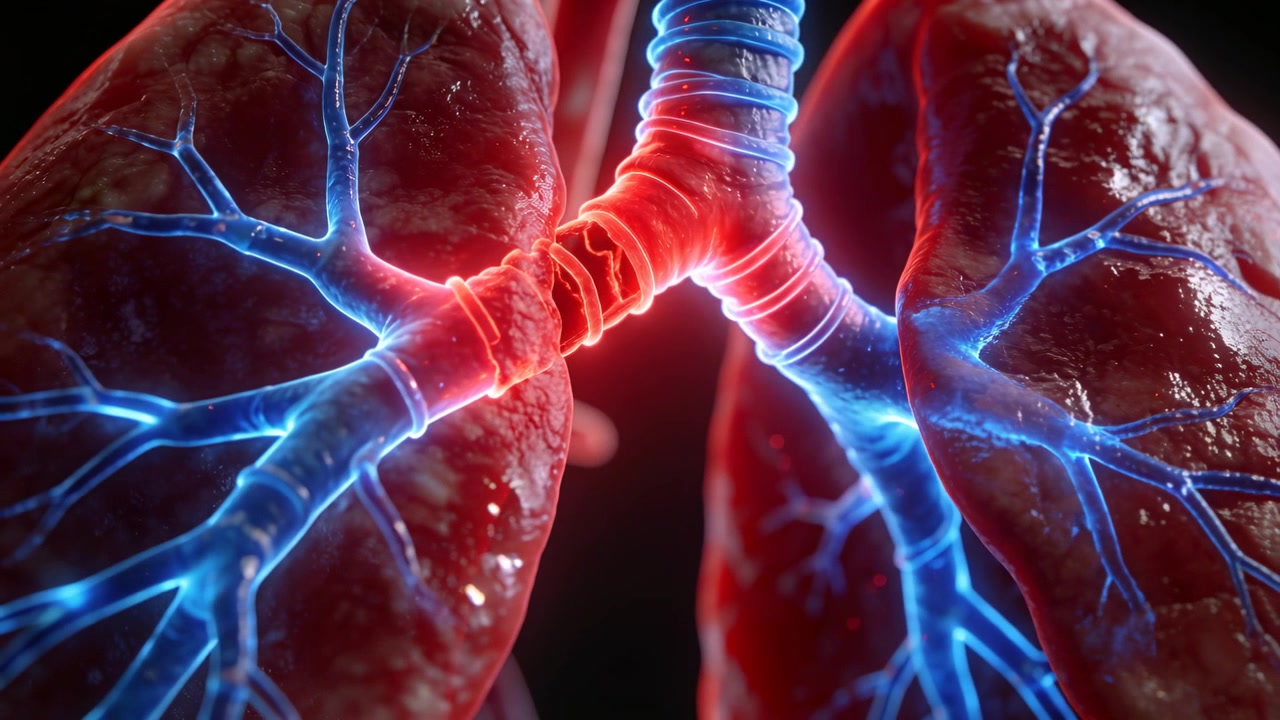 Polmoni 3D in riproduzione, bronchi con carena rossa pulsante, vasi blu luminosi, zoom sul nero per la diagnosi.