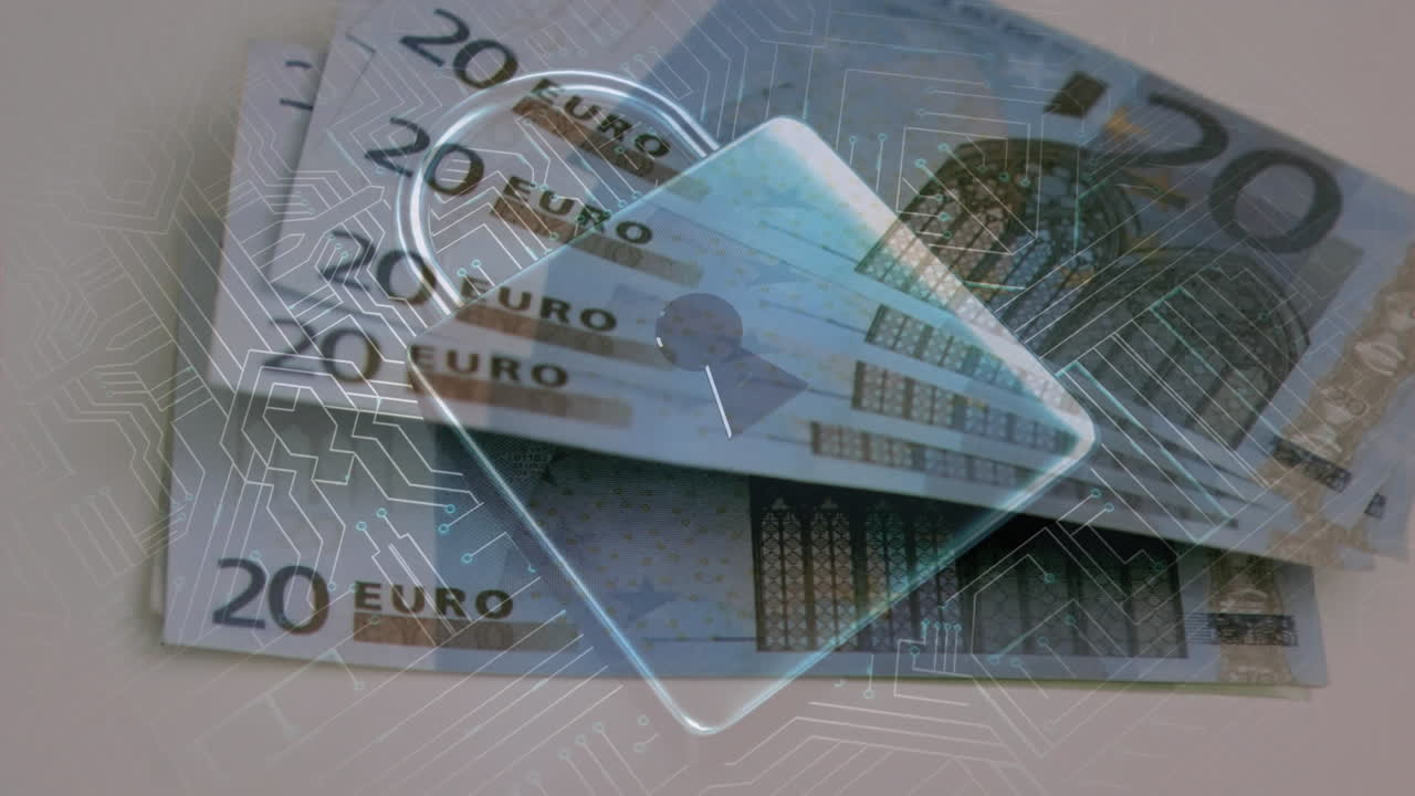 animación del circuito integrado y el candado de seguridad sobre los billetes en euros